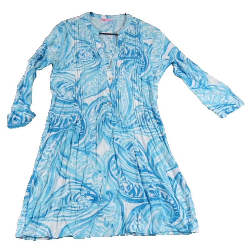 VTG Lilly Pulitzer Sarasota Pintuck Tunic‎ Dress Women S Blue White Swirl Rayon